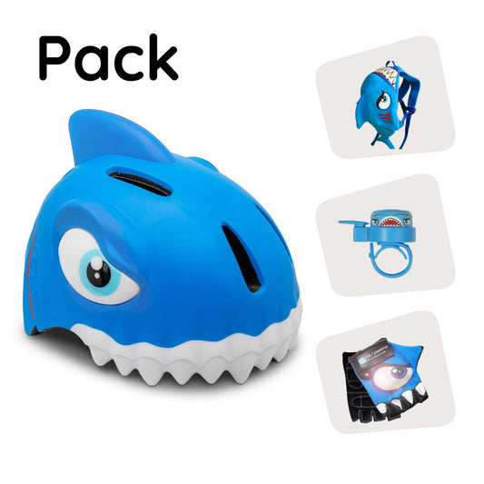 Paquete de productos: casco de bicicleta Blue Shark, mochila, guantes de ciclismo y timbre para niños