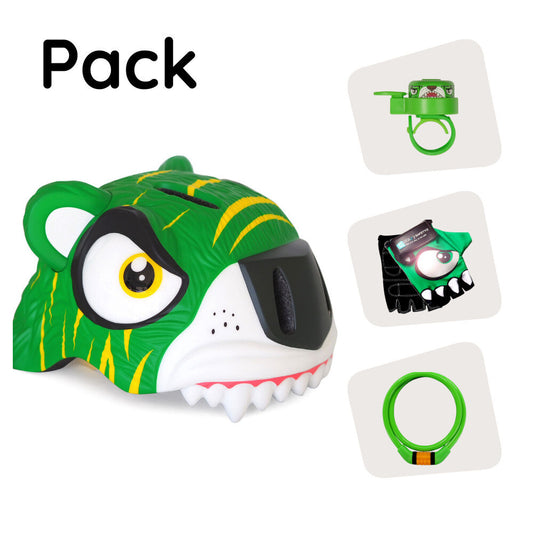 Paquete de productos: casco de bicicleta Green Tiger, guantes de ciclismo, candado y timbre Tiger para niños