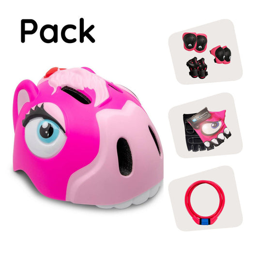 Paquete de productos: casco de bicicleta Pink Pony, equipo de protección, candado y guantes de bicicleta para niños