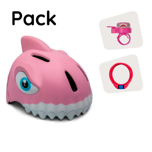 Paquete de productos: Casco de bicicleta Pink Shark, candado y timbre Shark para niños 