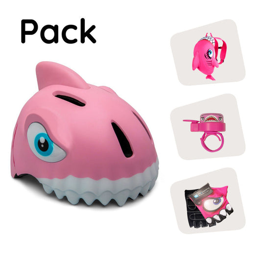 Paquete de productos: casco de bicicleta Shark de color rosa, mochila Shark, guantes de ciclismo Shark y timbre Shark para niños