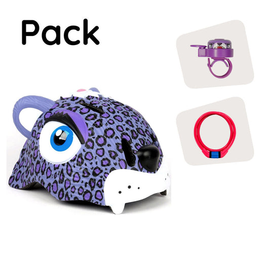 Paquete de productos: casco de bicicleta de leopardo morado, candado y timbre de leopardo para niños