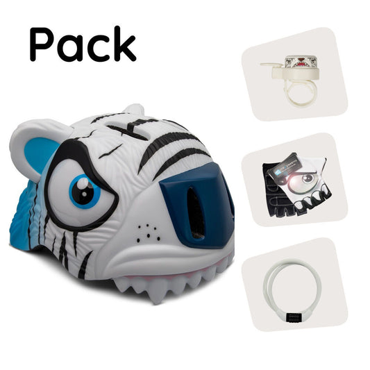 Paquete de productos: casco de bicicleta de tigre blanco, guantes de ciclismo, candado y timbre de tigre para niños