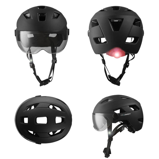 Crazy Safety Bicycle helmet Matte black / M/L (55-61cm) OAK E-Bike bicycle helmet with UV visor, LED lights, reflective straps, and Fidlock buckle