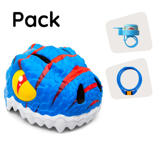 Crazy Safety Bicycle helmet Product bundle: Blue Dino bike Helmet, Lock, and Dinosaur bell for Children