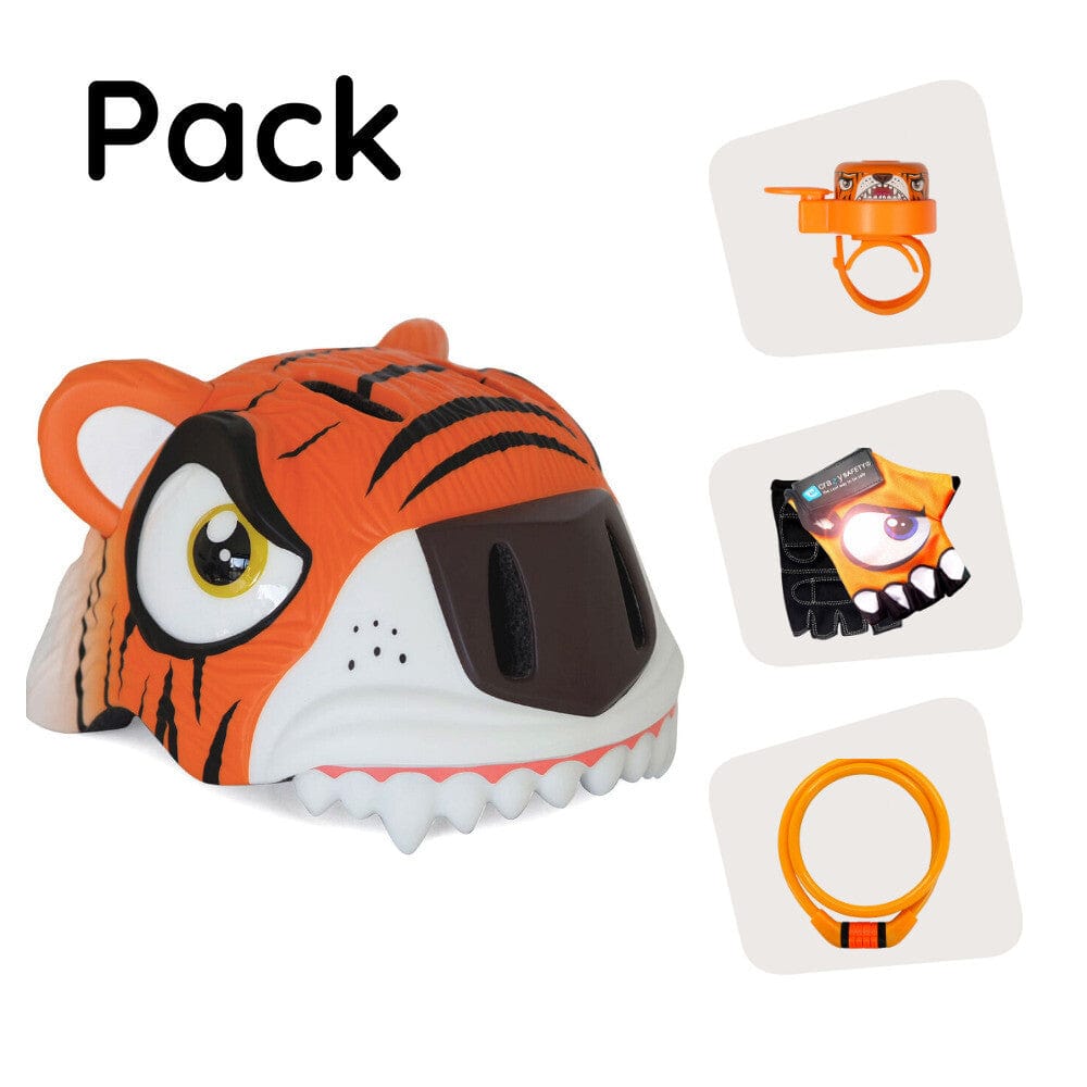 Crazy Safety Bicycle helmet Product bundle: Orange tiger bike helmet, cycling gloves, lock, and tiger bell for kids.