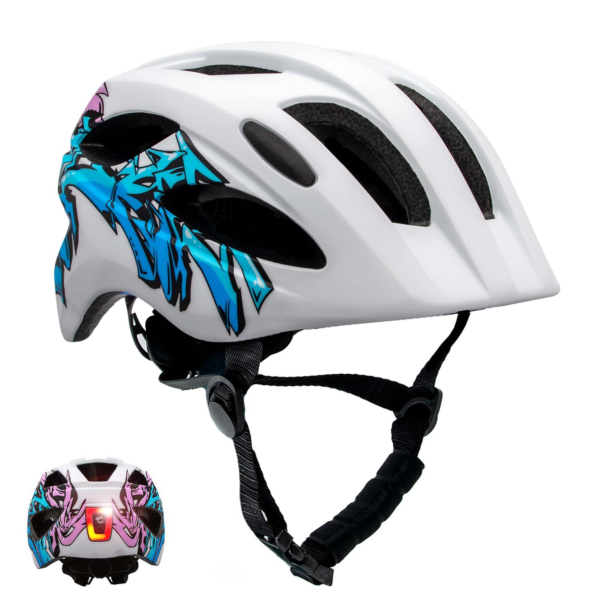 Crazy Safety Bicycle helmet White/blue / M (54-58cm) Graffiti Splash children's helmet with light